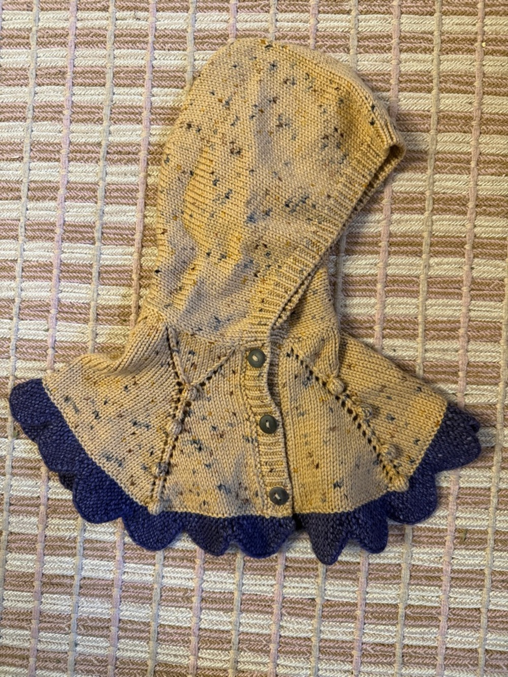 Misha And Puff Mustard Hooded Capelet with Navy Scalloped Edge